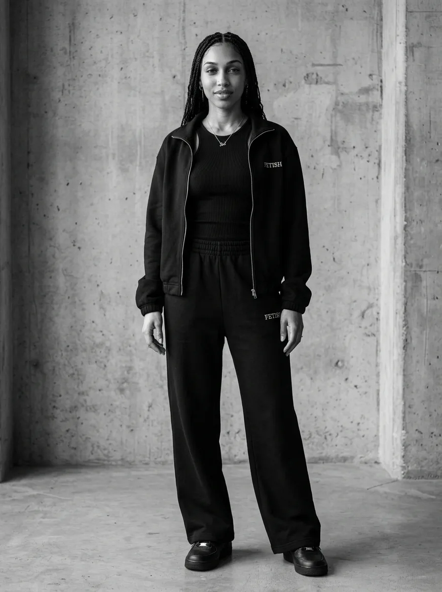 Sade Sol posing in an industrial studio in a black FETISH zip jacket and matching wide-leg pants