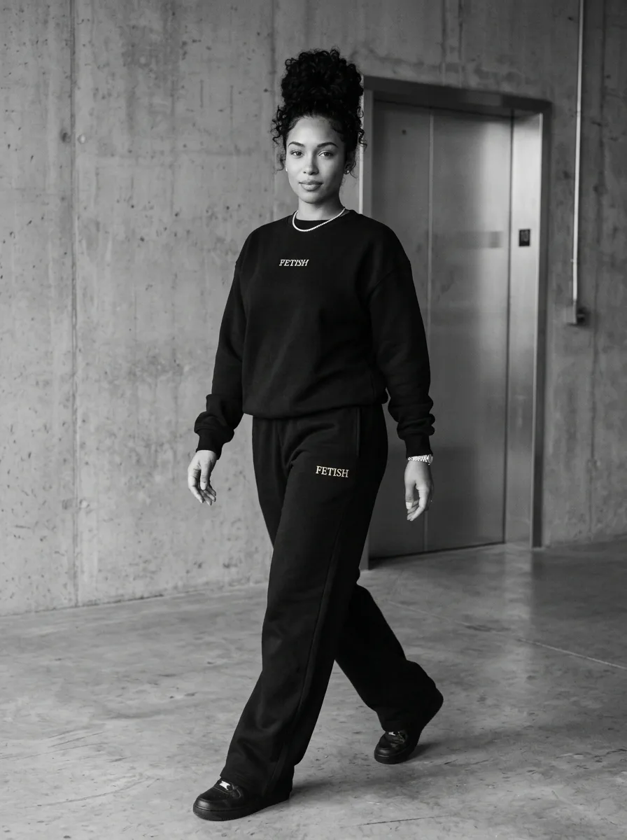 Vita walking through an industrial studio in a black FETISH crewneck and matching sweatpants